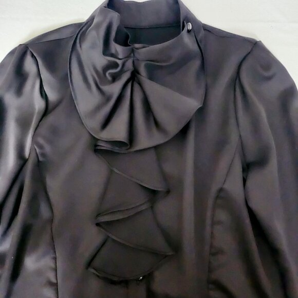 NWOT Shiny Black Blouse with Cascade Ruffle, Med - Picture 3 of 9